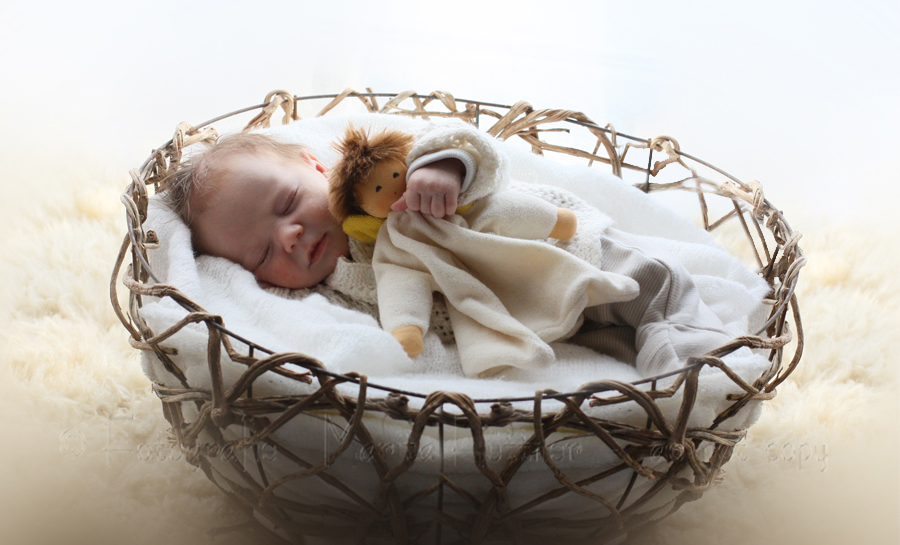 neugeborenes Baby mit Püppchen in einem Körbchen