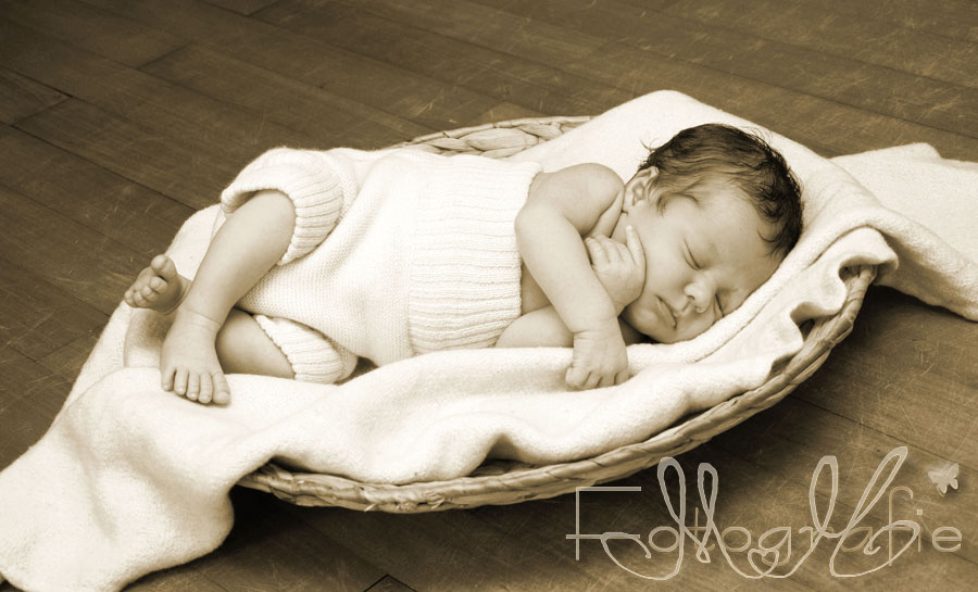 Fotografie eines ganz kleinen Babys in einem runden Körbchen.
