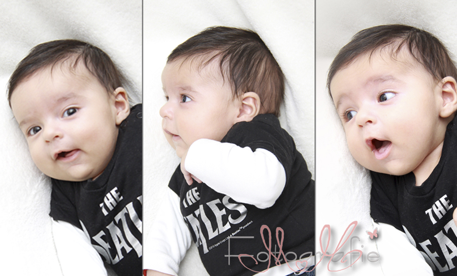 Drei Babyportraits nebeneinander auf einem Bild, das Baby schaut in unterschiedliche Richtungen.