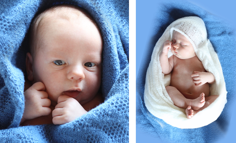 Farbfoto eines neugeborenen Babys, eingewickelt in eine blaue Decke
