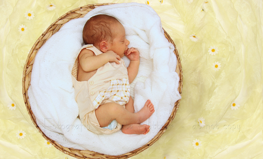 ein winziges zartes Baby liegt schlafend in einem runden Korb